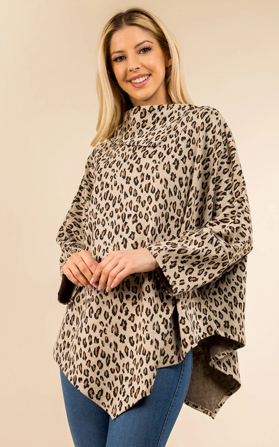 PA3315 Leopard Pattern High-neck Poncho