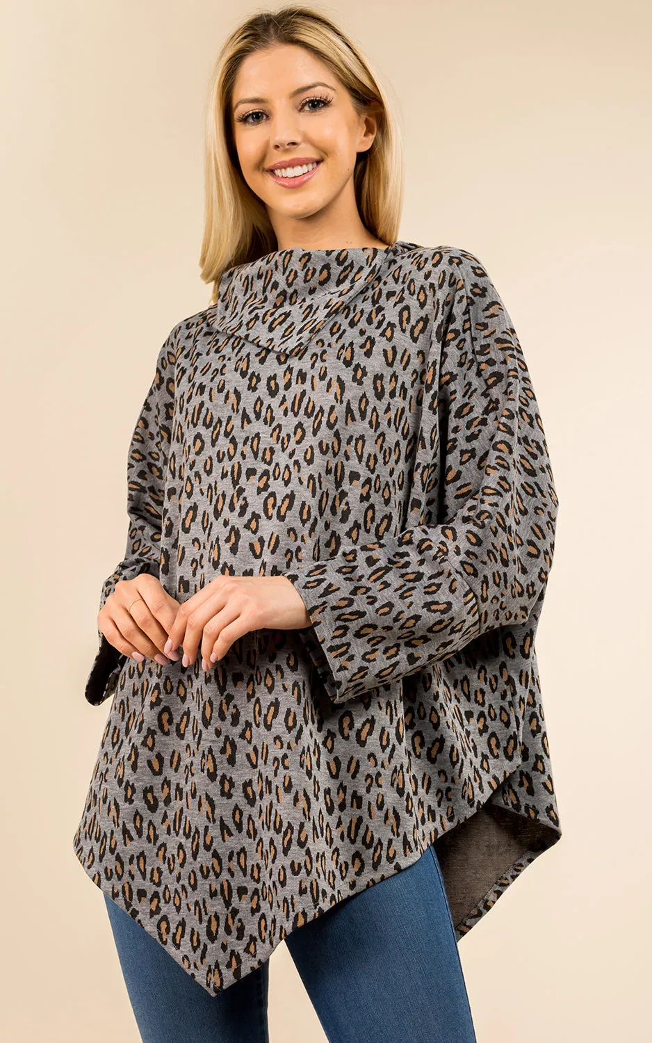 PA3315 Leopard Pattern High-neck Poncho