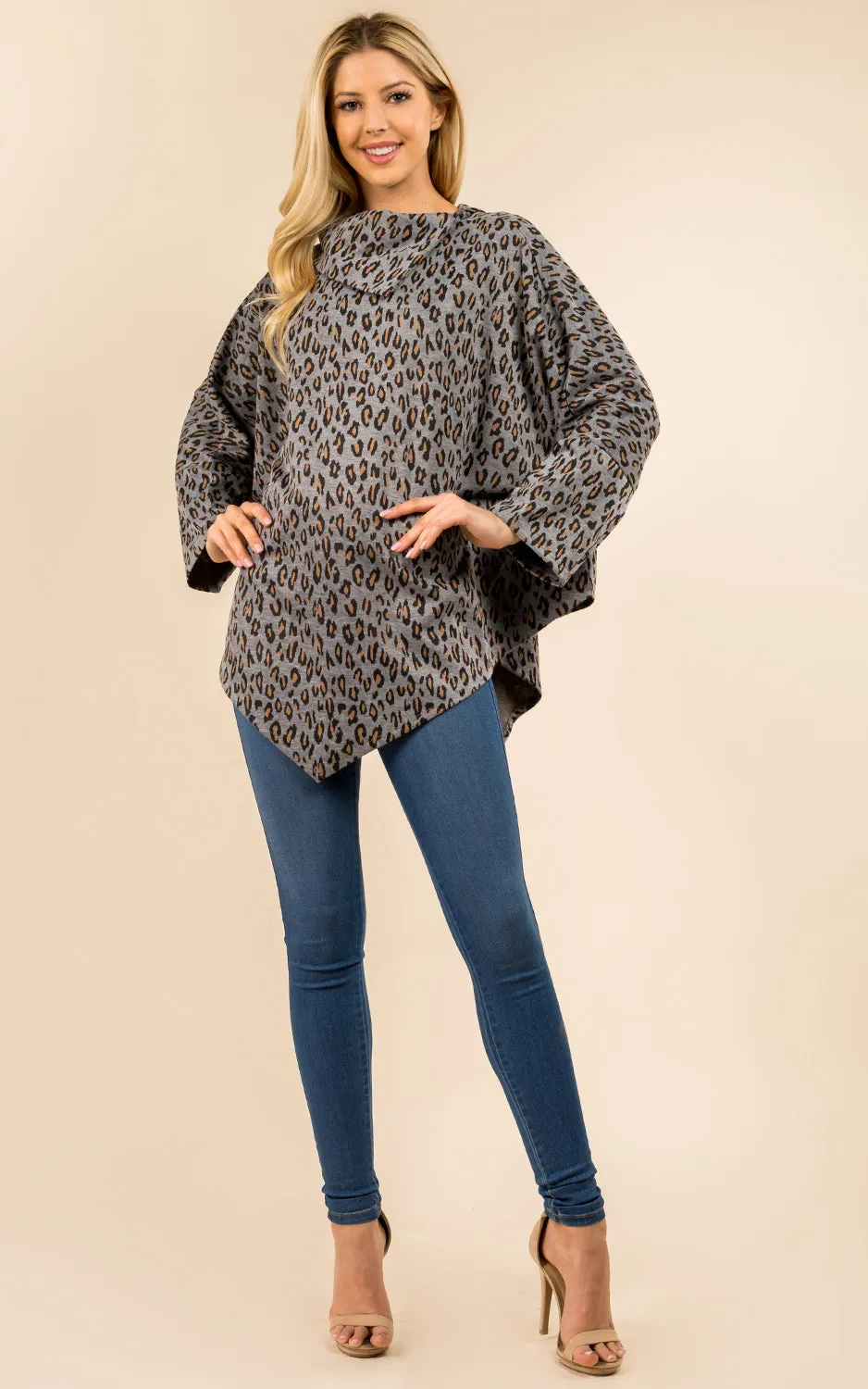 PA3315 Leopard Pattern High-neck Poncho