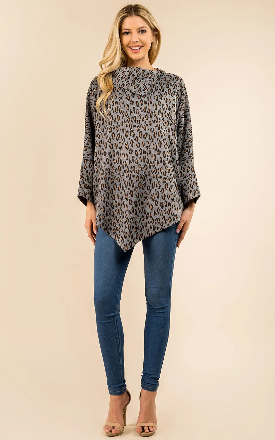 PA3315 Leopard Pattern High-neck Poncho