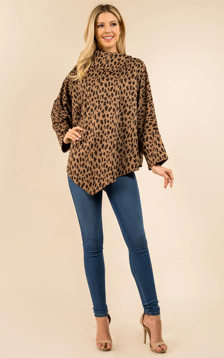 PA3315 Leopard Pattern High-neck Poncho