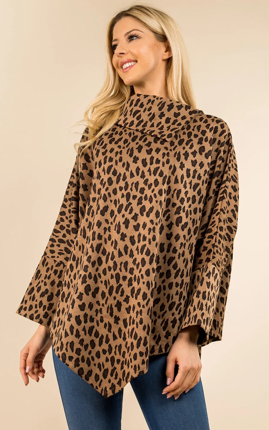 PA3315 Leopard Pattern High-neck Poncho