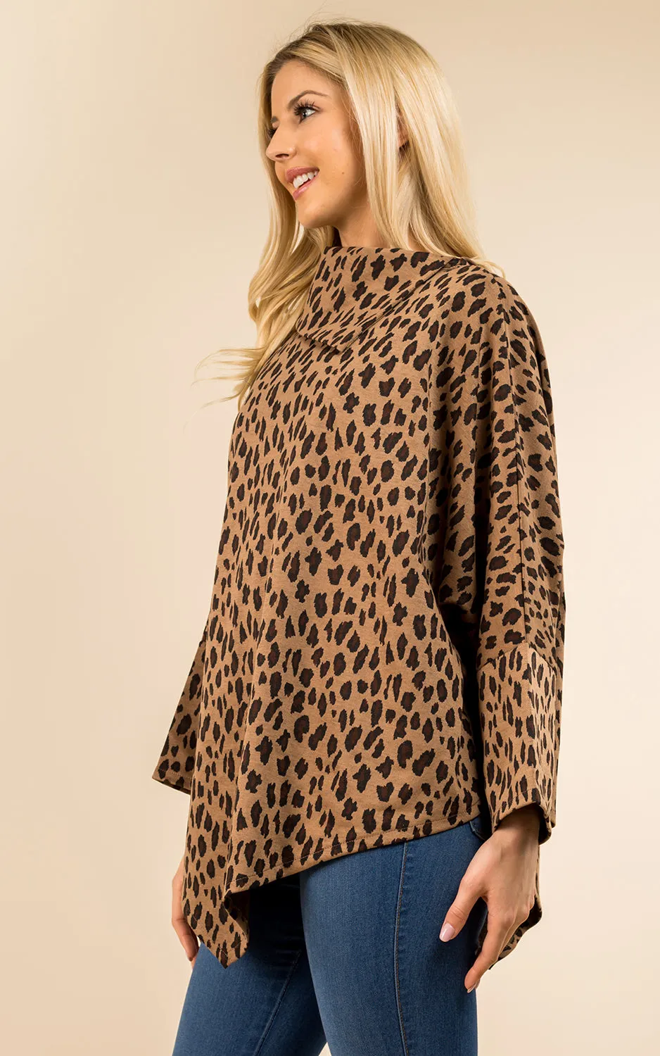 PA3315 Leopard Pattern High-neck Poncho