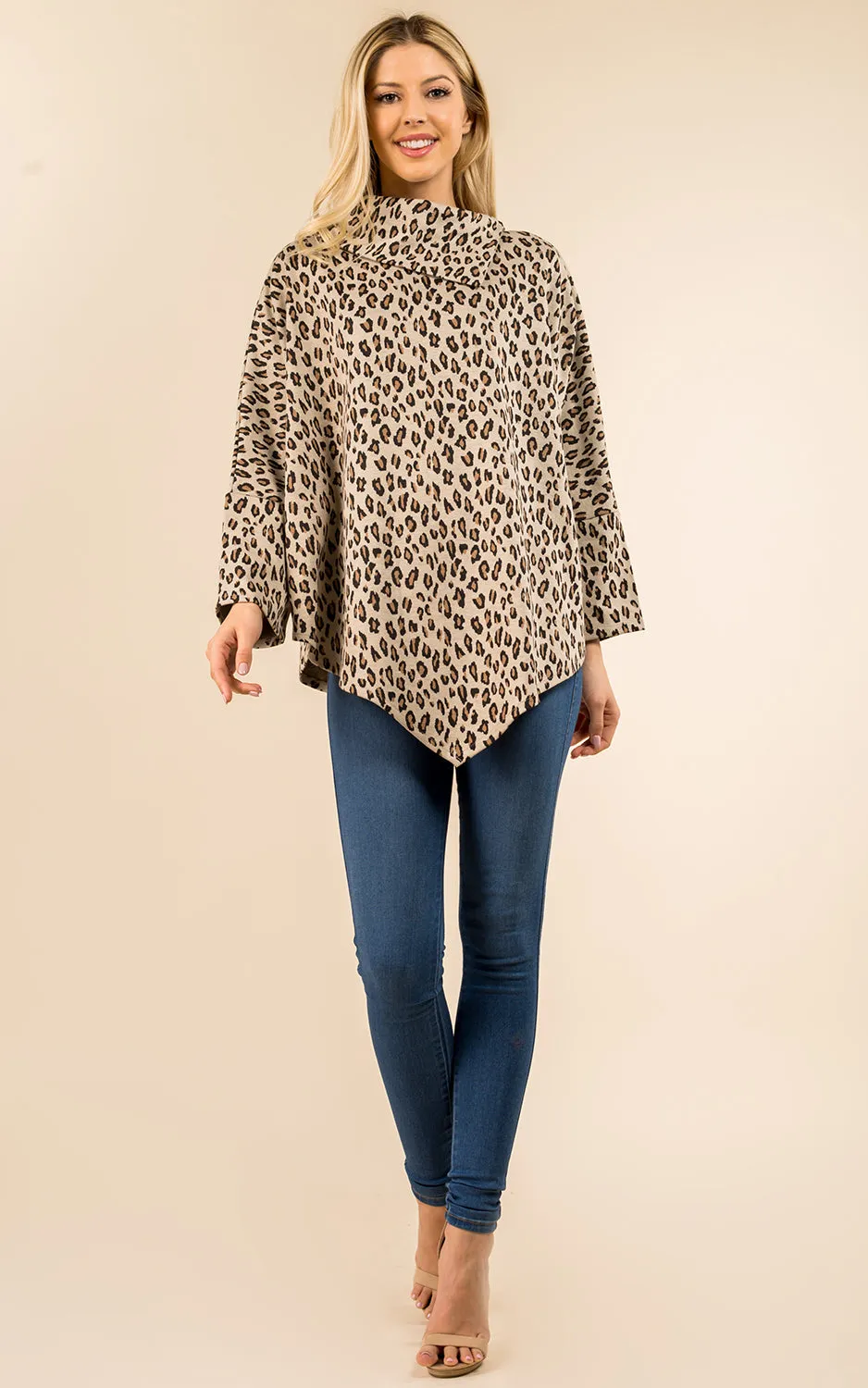 PA3315 Leopard Pattern High-neck Poncho