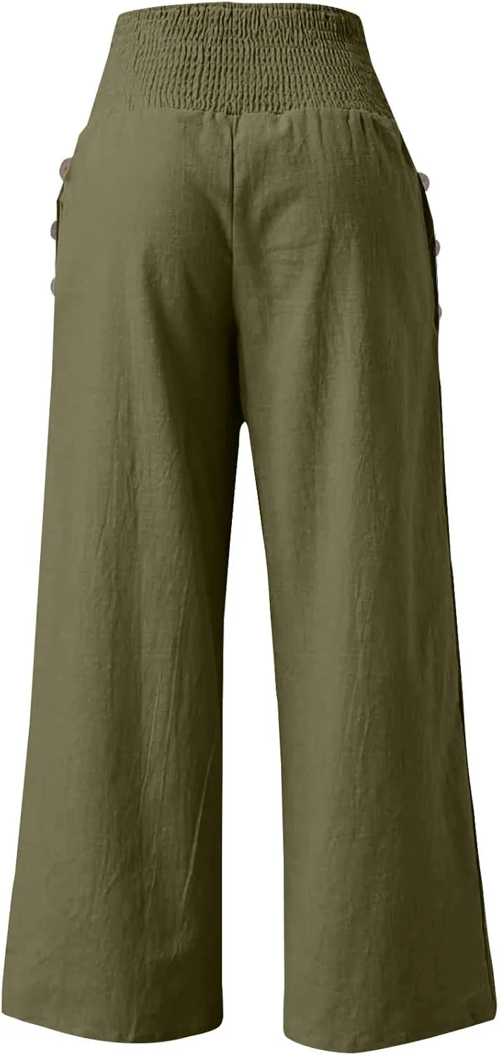 Palazzo Pants for Women Cotton Linen Wide Leg Lounge Pants Plus Size Elastic High Waisted Work Pants with Pockets