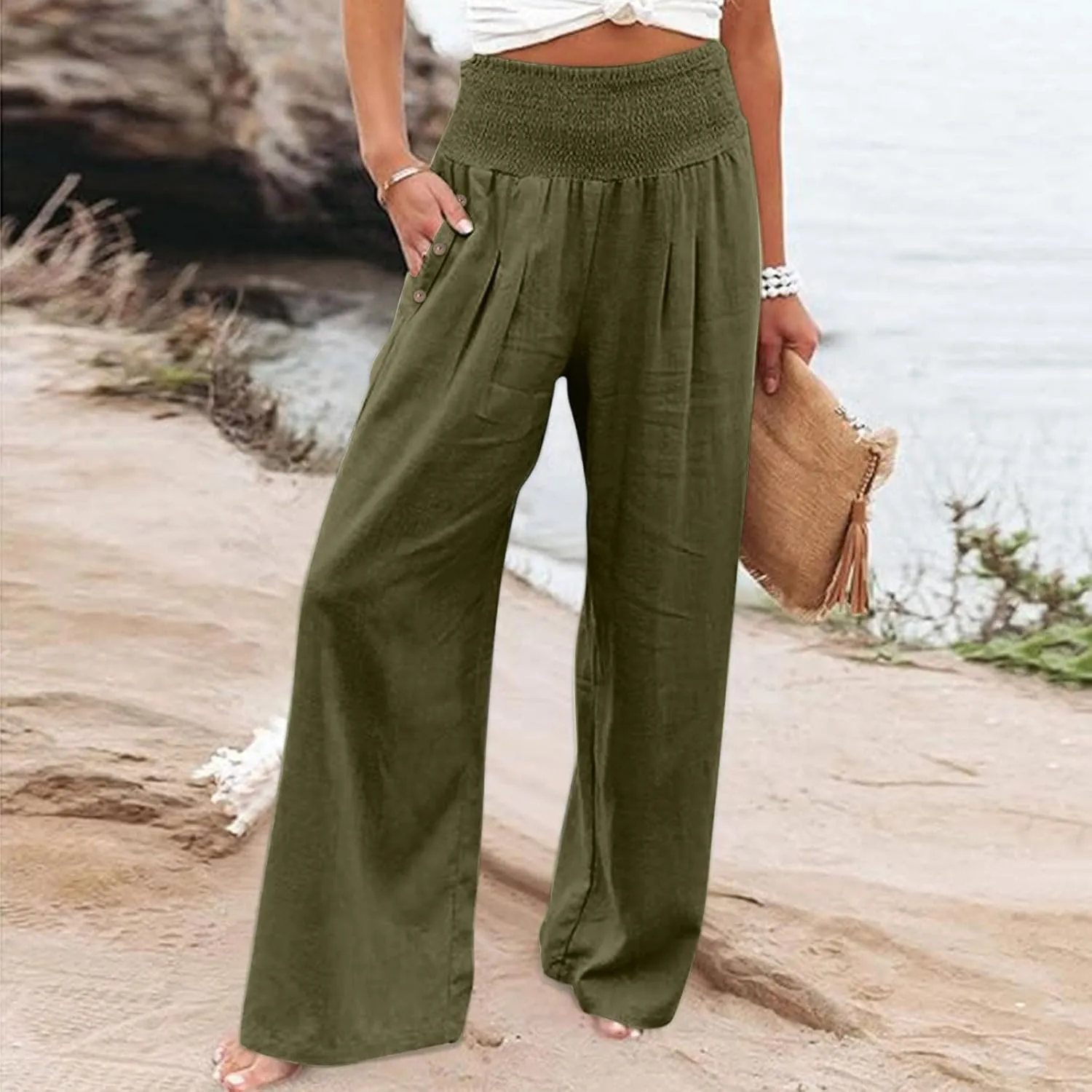Palazzo Pants for Women Cotton Linen Wide Leg Lounge Pants Plus Size Elastic High Waisted Work Pants with Pockets