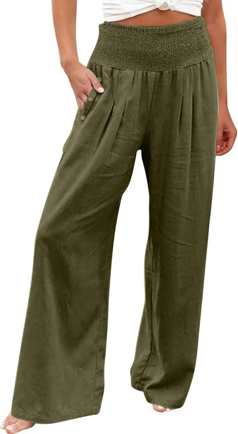 Palazzo Pants for Women Cotton Linen Wide Leg Lounge Pants Plus Size Elastic High Waisted Work Pants with Pockets