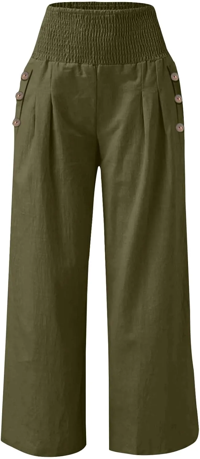 Palazzo Pants for Women Cotton Linen Wide Leg Lounge Pants Plus Size Elastic High Waisted Work Pants with Pockets