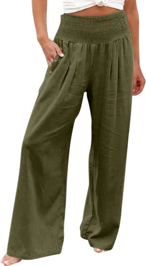 Palazzo Pants for Women Cotton Linen Wide Leg Lounge Pants Plus Size Elastic High Waisted Work Pants with Pockets
