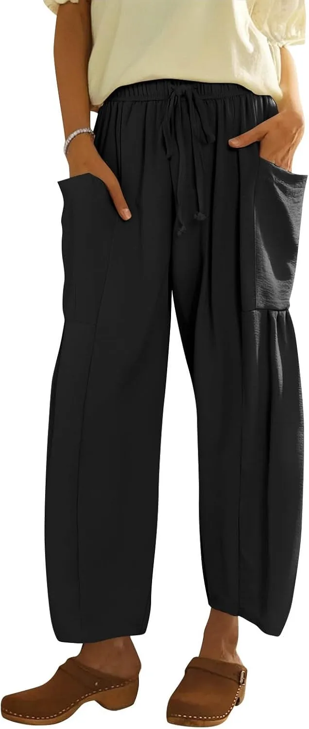 Palazzo Pants for Women Linen Casual Summer Drawstring Elastic Waist Pants Wide Leg High Waisted Solid Trousers 2025