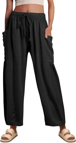 Palazzo Pants for Women Linen Casual Summer Drawstring Elastic Waist Pants Wide Leg High Waisted Solid Trousers 2025