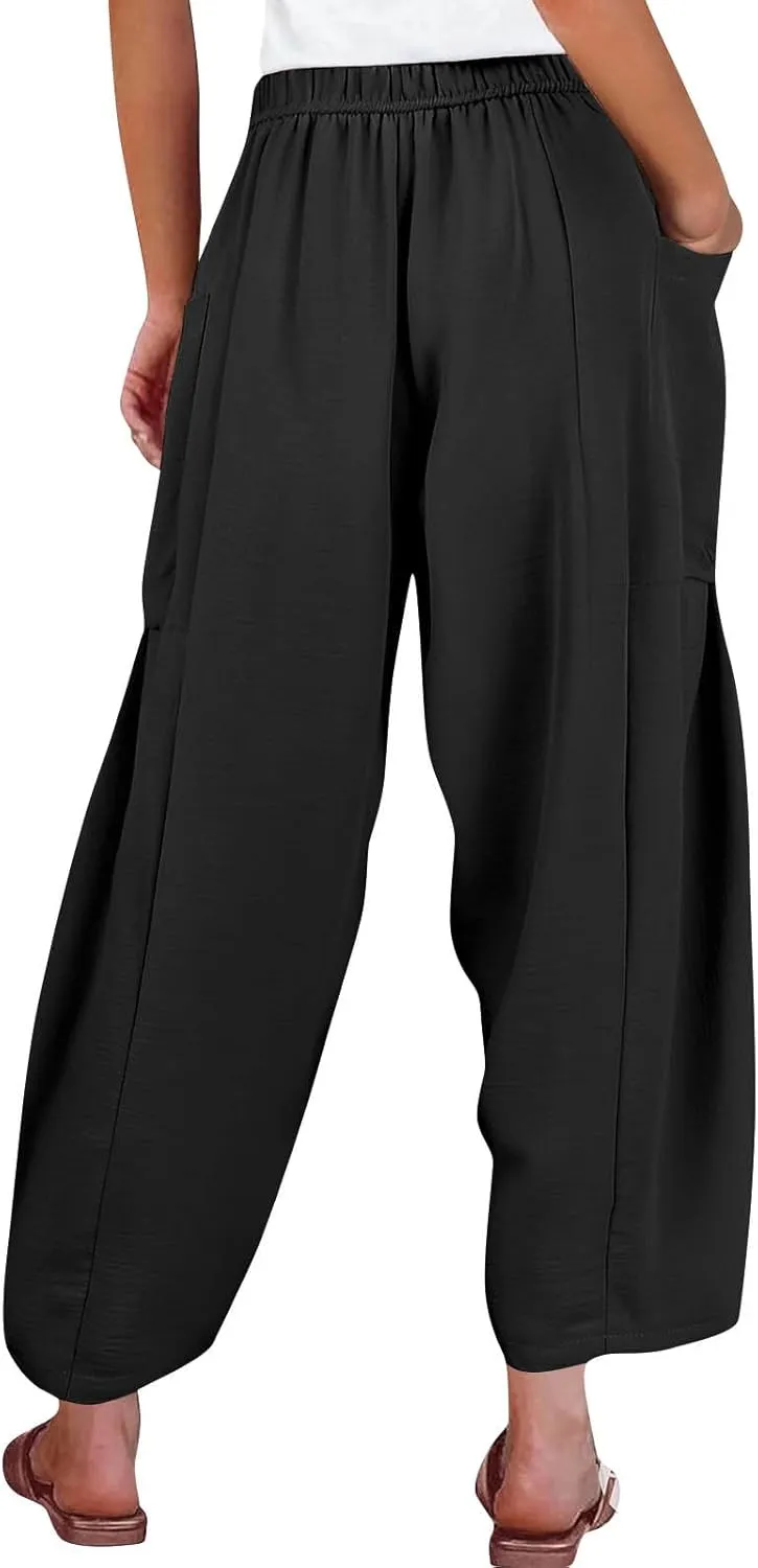 Palazzo Pants for Women Linen Casual Summer Drawstring Elastic Waist Pants Wide Leg High Waisted Solid Trousers 2025