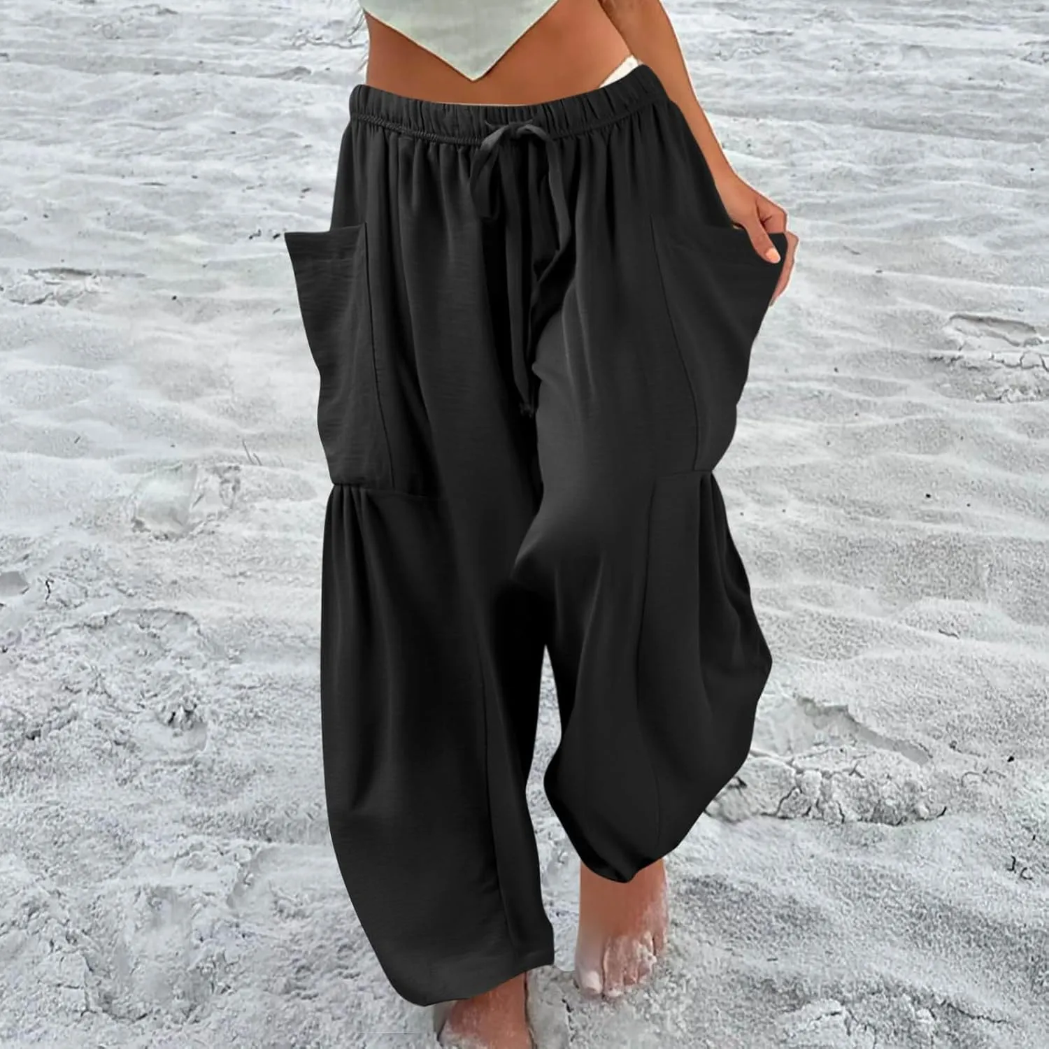 Palazzo Pants for Women Linen Casual Summer Drawstring Elastic Waist Pants Wide Leg High Waisted Solid Trousers 2025