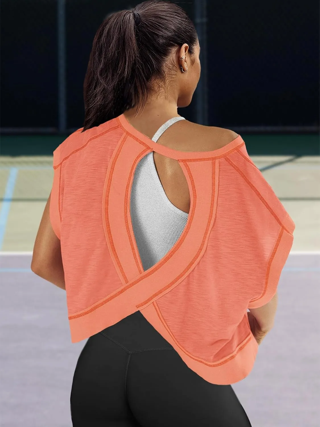 Panadila Womens Open Back Workout Top Oversized Workout T Shirts Backless Athletic Shirt Short Sleeve Baby Tee