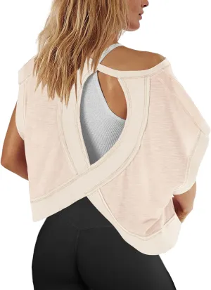 Panadila Womens Open Back Workout Top Oversized Workout T Shirts Backless Athletic Shirt Short Sleeve Baby Tee