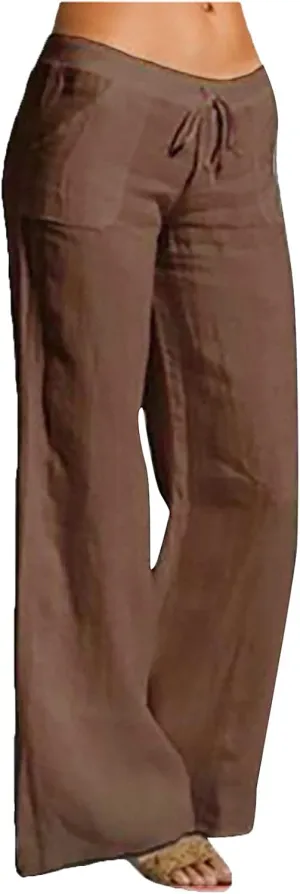 PANOEGSN Low Rise Pants for Women Cotton Linen Bootcut Pants Casual Drawstring Trousers Summer Solid Joggers with Pockets