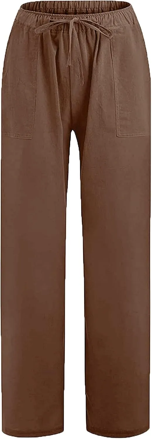 PANOEGSN Low Rise Pants for Women Cotton Linen Bootcut Pants Casual Drawstring Trousers Summer Solid Joggers with Pockets