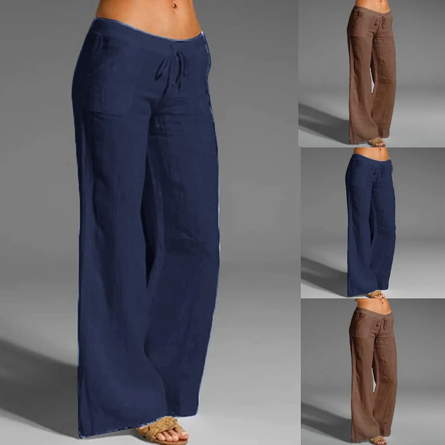 PANOEGSN Low Rise Pants for Women Cotton Linen Bootcut Pants Casual Drawstring Trousers Summer Solid Joggers with Pockets