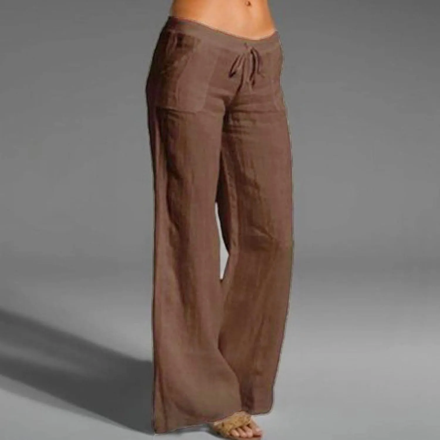 PANOEGSN Low Rise Pants for Women Cotton Linen Bootcut Pants Casual Drawstring Trousers Summer Solid Joggers with Pockets