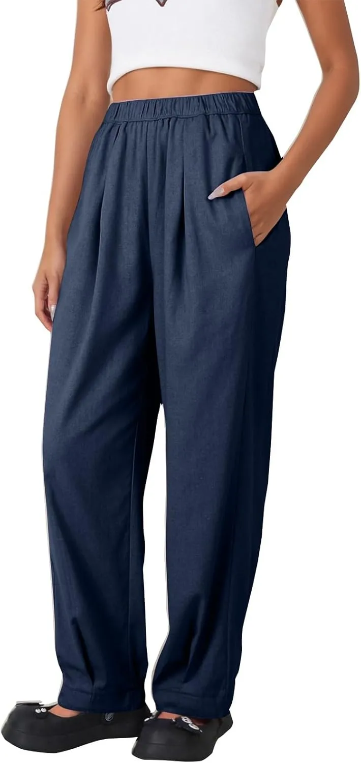 Pants for Women Women's Autumn Fashion Solid Color Elastic Waisted Casual Cropped Pants with Pockets 2024
