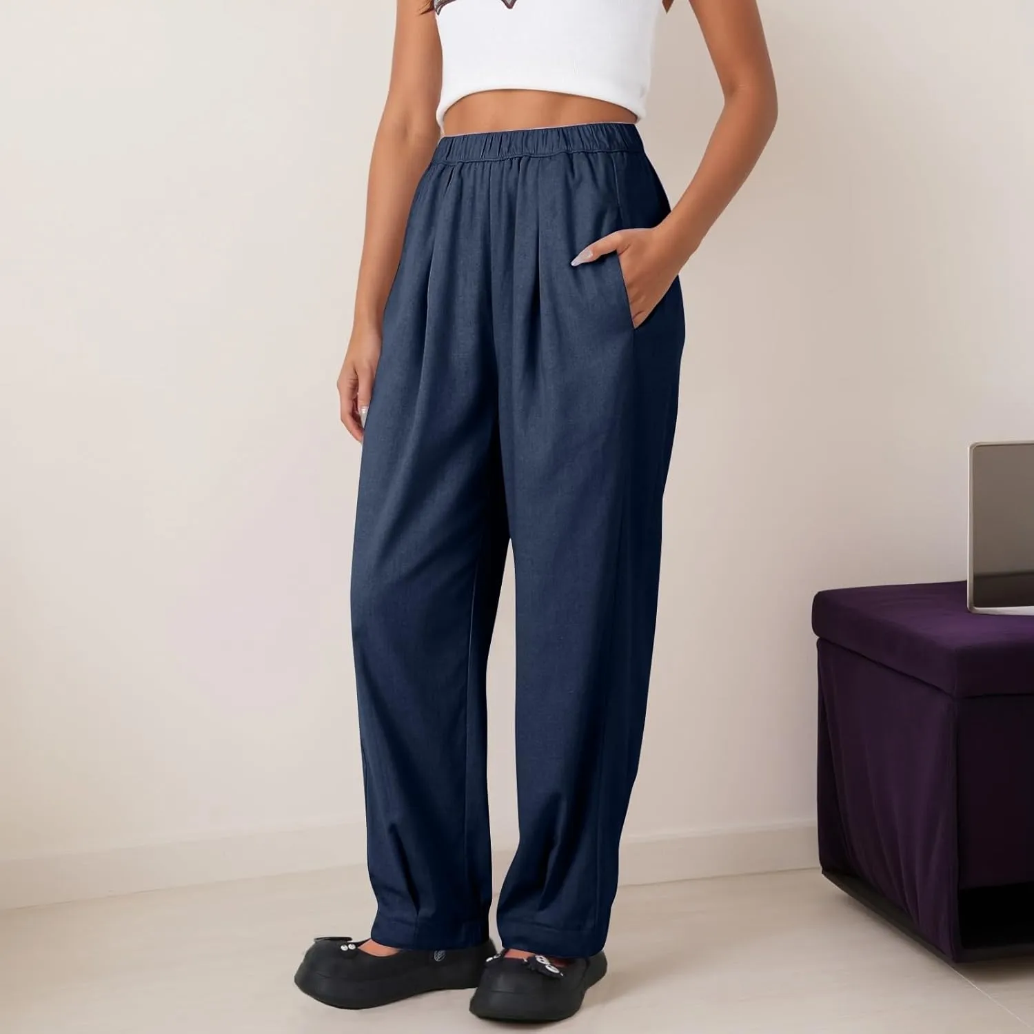 Pants for Women Women's Autumn Fashion Solid Color Elastic Waisted Casual Cropped Pants with Pockets 2024