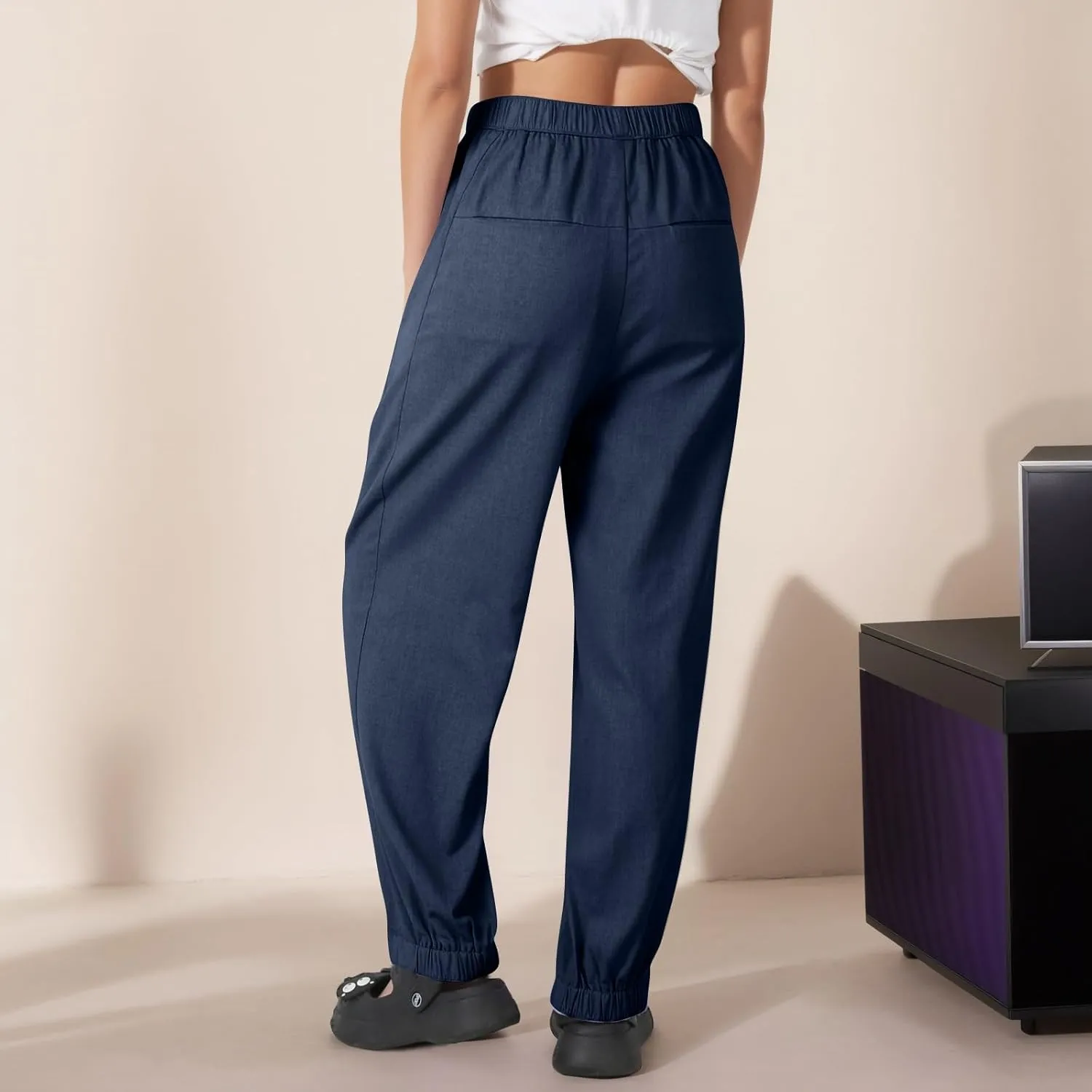 Pants for Women Women's Autumn Fashion Solid Color Elastic Waisted Casual Cropped Pants with Pockets 2024