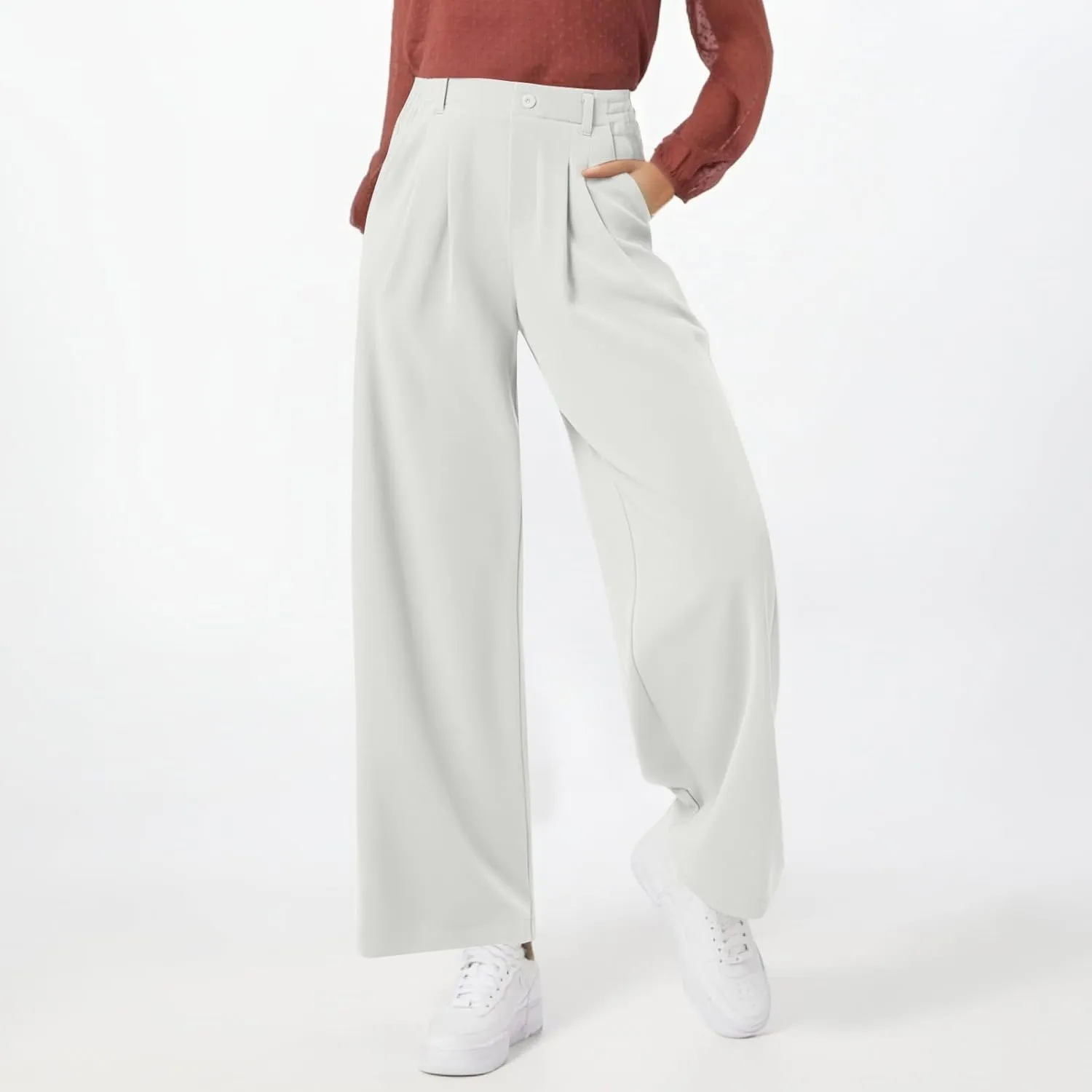Petite Dress Pants for Women Wide Leg Palazzo Pants Business Casual Elastic High Waisted Work Pant with Pockets