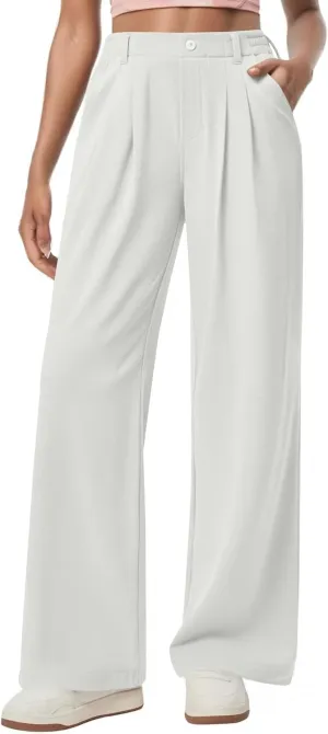 Petite Dress Pants for Women Wide Leg Palazzo Pants Business Casual Elastic High Waisted Work Pant with Pockets