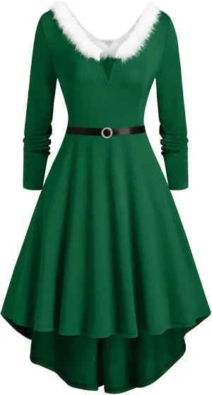 Plus Size Christmas Dress for Women Furry V Neck Long Sleeves Plaid High Low Dresses Vintage Evening Party Midi Dress