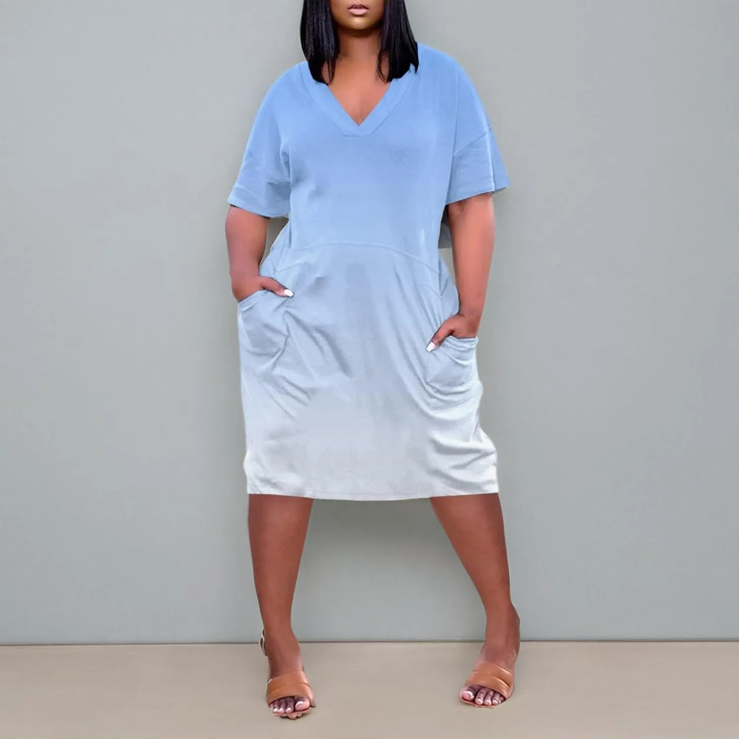 Plus Size Dresses for Curvy Women,2024 Summer Casual V Neck Short Sleeve T Shirt Dress with Pockets Daily Midi Dress