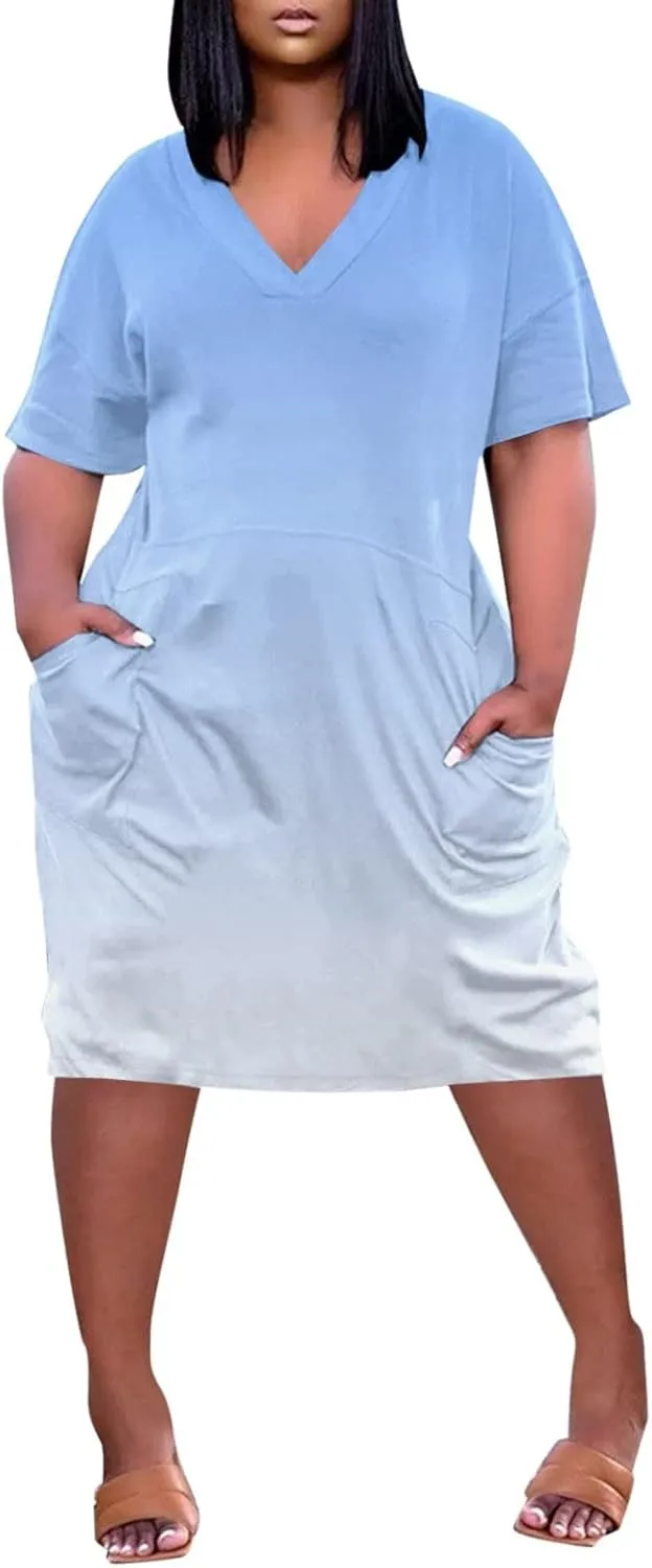 Plus Size Dresses for Curvy Women,2024 Summer Casual V Neck Short Sleeve T Shirt Dress with Pockets Daily Midi Dress
