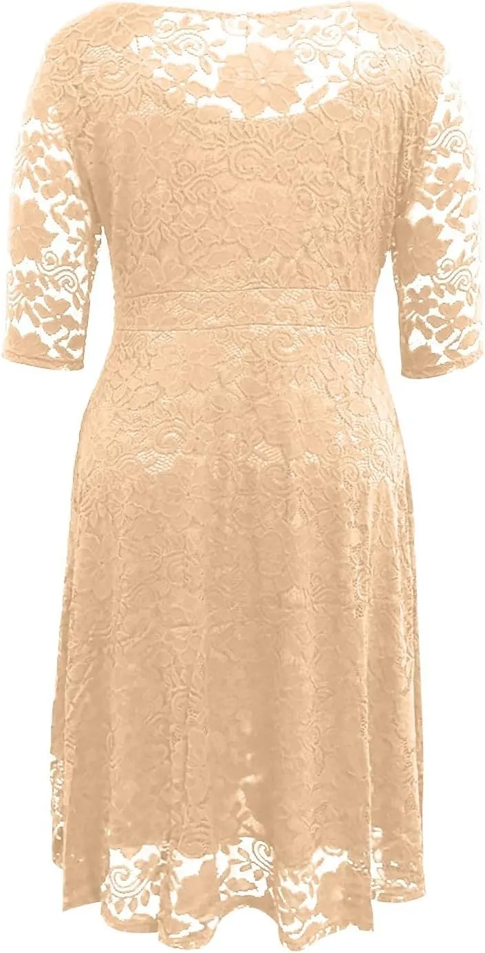 Plus Size Dresses for Curvy Women,2025 Elegant Lace Patchwork Cocktail Dress,Crewneck 3/4 Sleeve Midi Party Dress