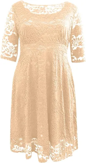Plus Size Dresses for Curvy Women,2025 Elegant Lace Patchwork Cocktail Dress,Crewneck 3/4 Sleeve Midi Party Dress