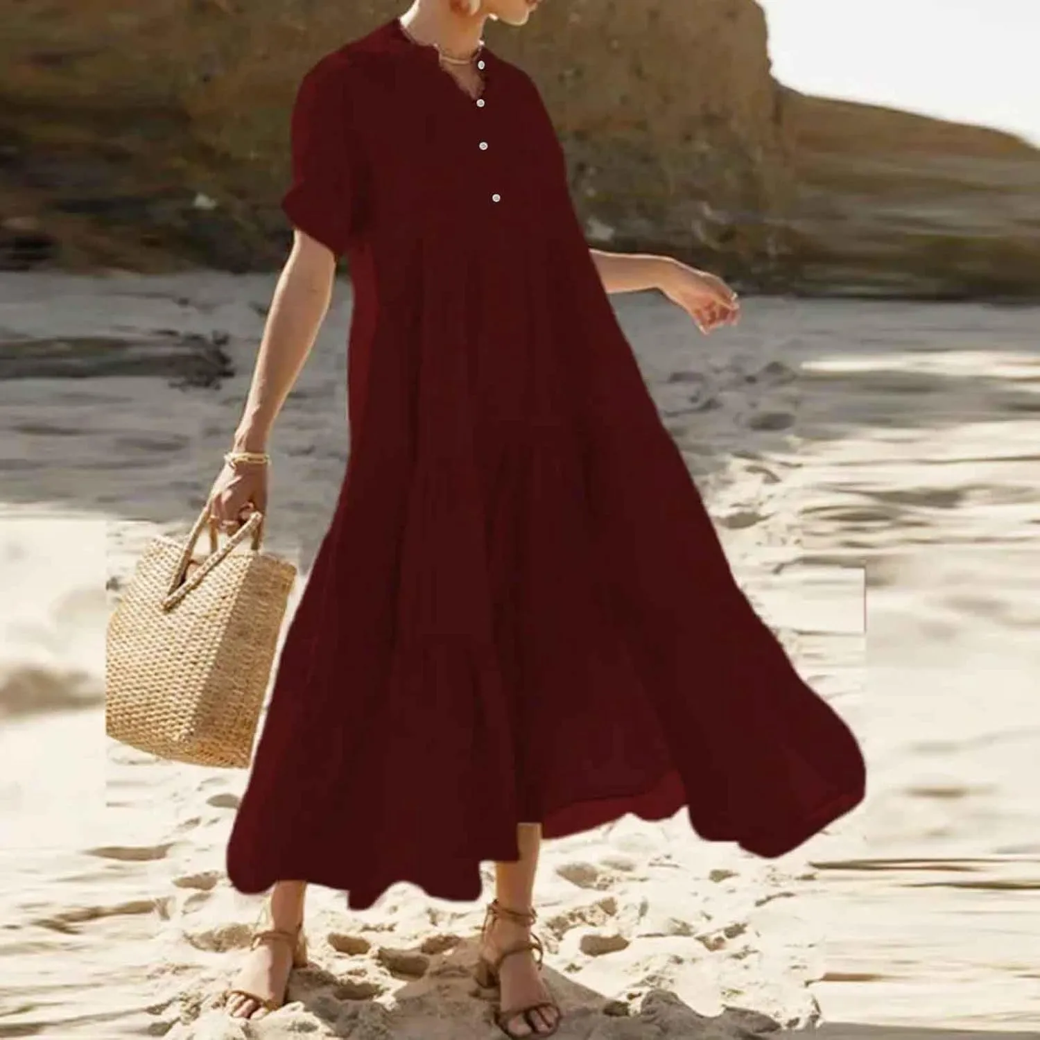Plus Size Summer Dresses for Women Tiered Flowy Maxi Dress Casual Button Up Short Sleeve Beach Boho Shirts Sundress