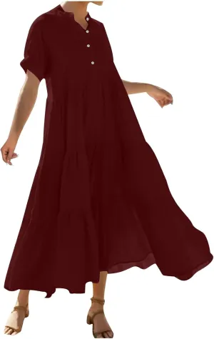 Plus Size Summer Dresses for Women Tiered Flowy Maxi Dress Casual Button Up Short Sleeve Beach Boho Shirts Sundress