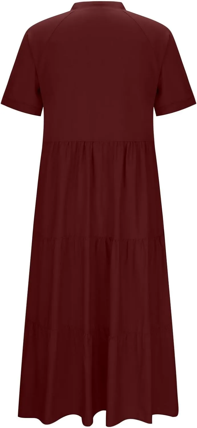 Plus Size Summer Dresses for Women Tiered Flowy Maxi Dress Casual Button Up Short Sleeve Beach Boho Shirts Sundress