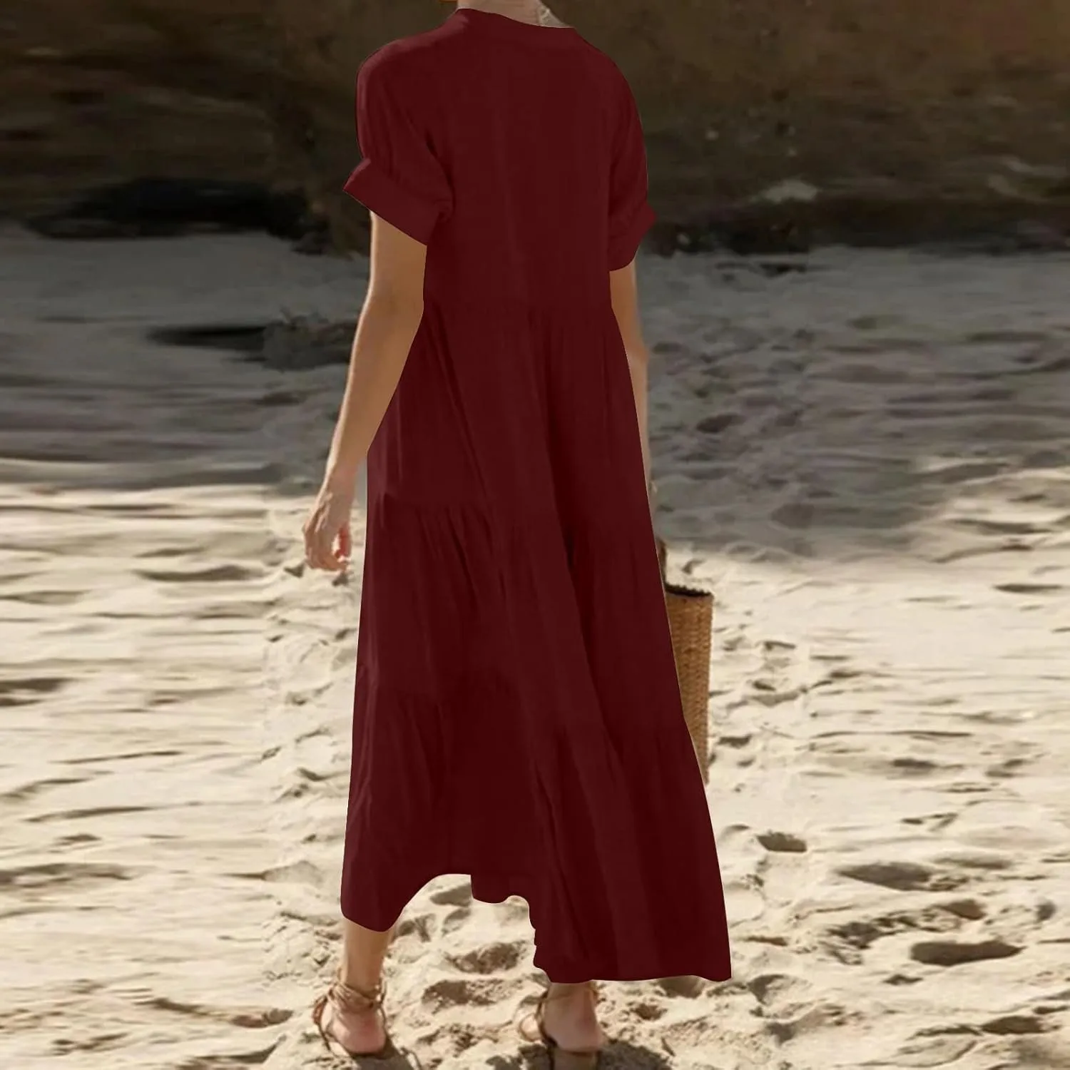 Plus Size Summer Dresses for Women Tiered Flowy Maxi Dress Casual Button Up Short Sleeve Beach Boho Shirts Sundress