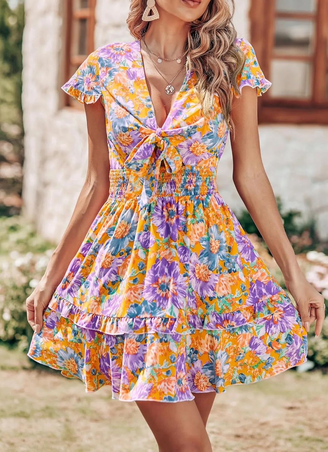 PRETTYGARDEN Women Summer Mini Short Dress 2025 Short Sleeve Casual Beach Vacation Sundress V Neck Tiered Sun Dresses