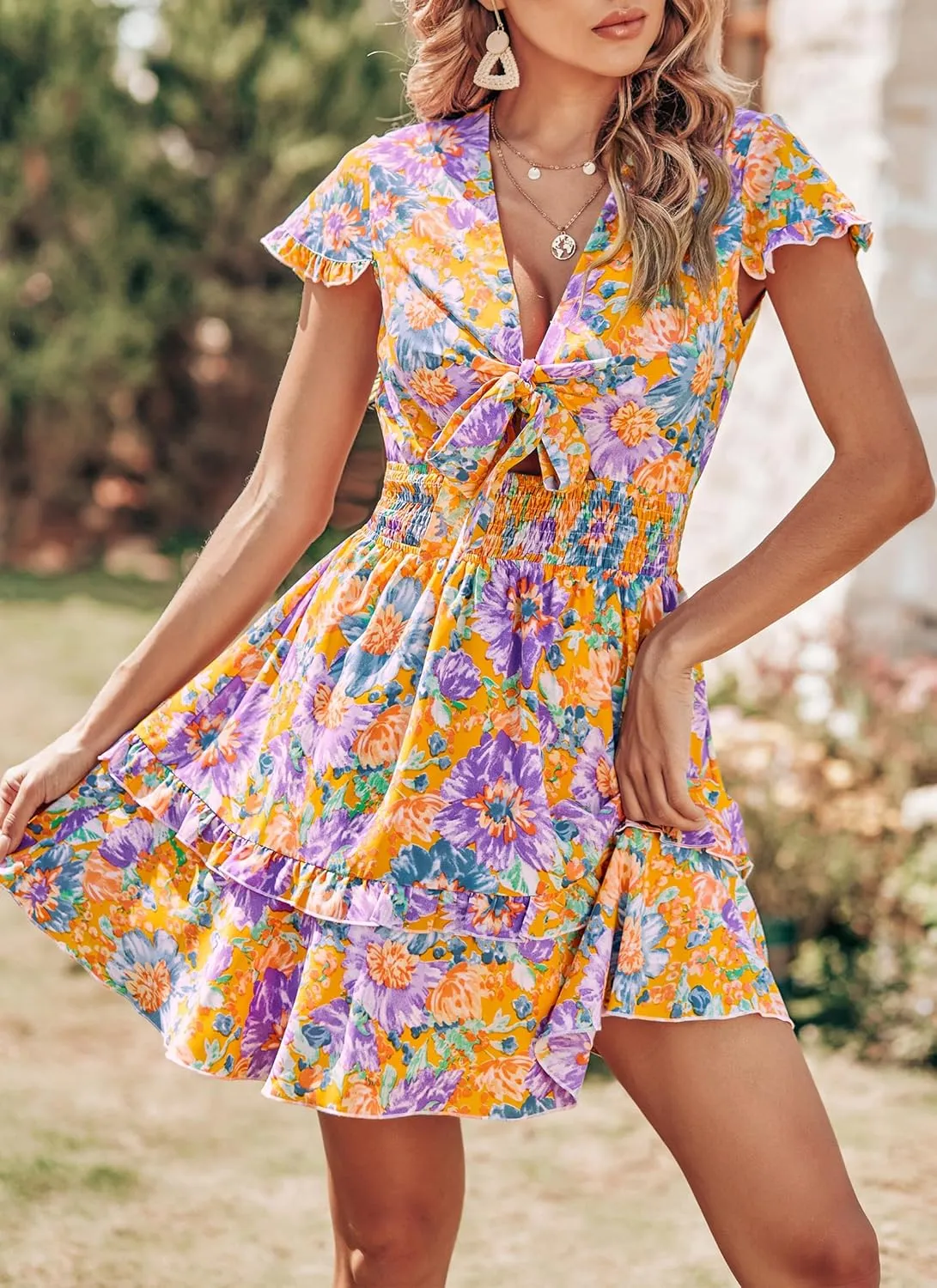 PRETTYGARDEN Women Summer Mini Short Dress 2025 Short Sleeve Casual Beach Vacation Sundress V Neck Tiered Sun Dresses