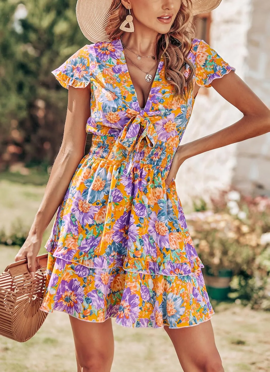 PRETTYGARDEN Women Summer Mini Short Dress 2025 Short Sleeve Casual Beach Vacation Sundress V Neck Tiered Sun Dresses