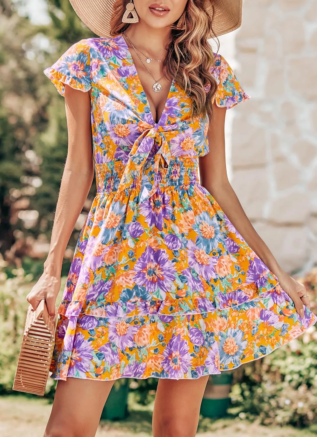 PRETTYGARDEN Women Summer Mini Short Dress 2025 Short Sleeve Casual Beach Vacation Sundress V Neck Tiered Sun Dresses