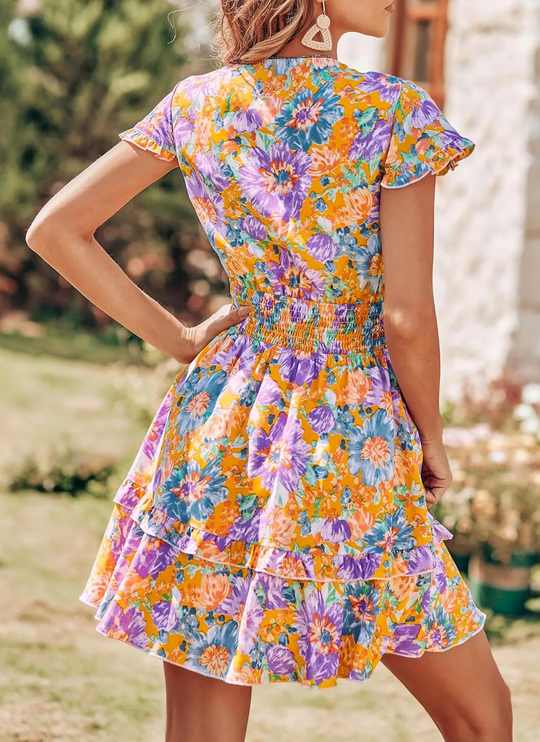 PRETTYGARDEN Women Summer Mini Short Dress 2025 Short Sleeve Casual Beach Vacation Sundress V Neck Tiered Sun Dresses