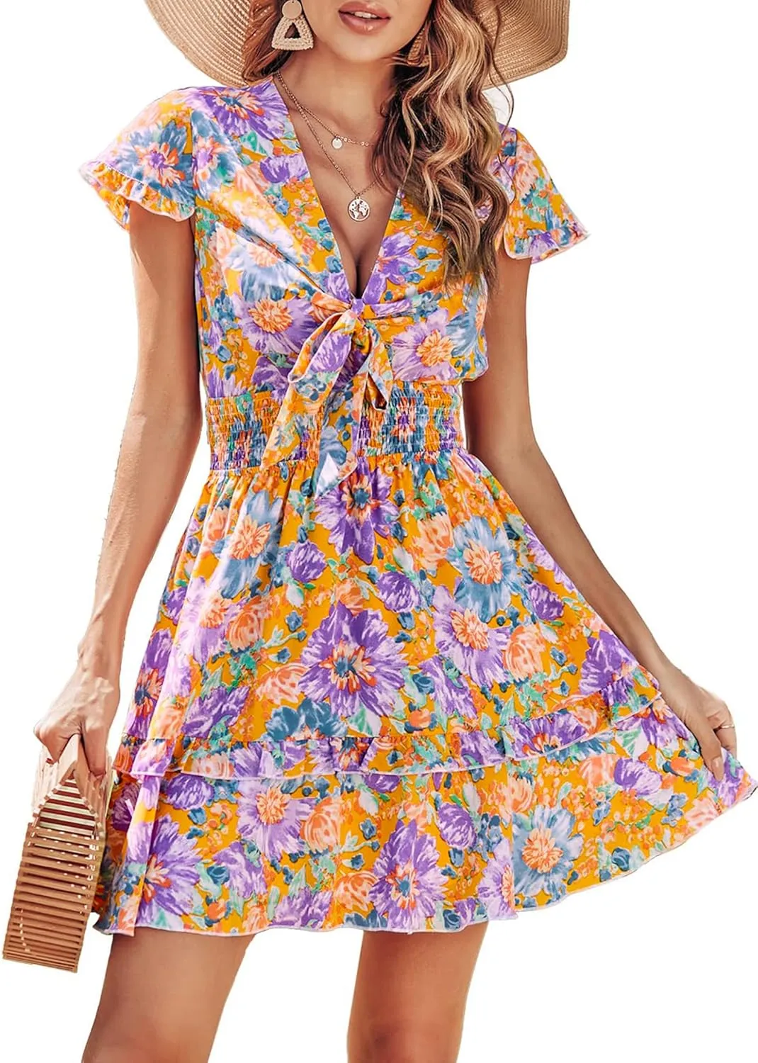 PRETTYGARDEN Women Summer Mini Short Dress 2025 Short Sleeve Casual Beach Vacation Sundress V Neck Tiered Sun Dresses