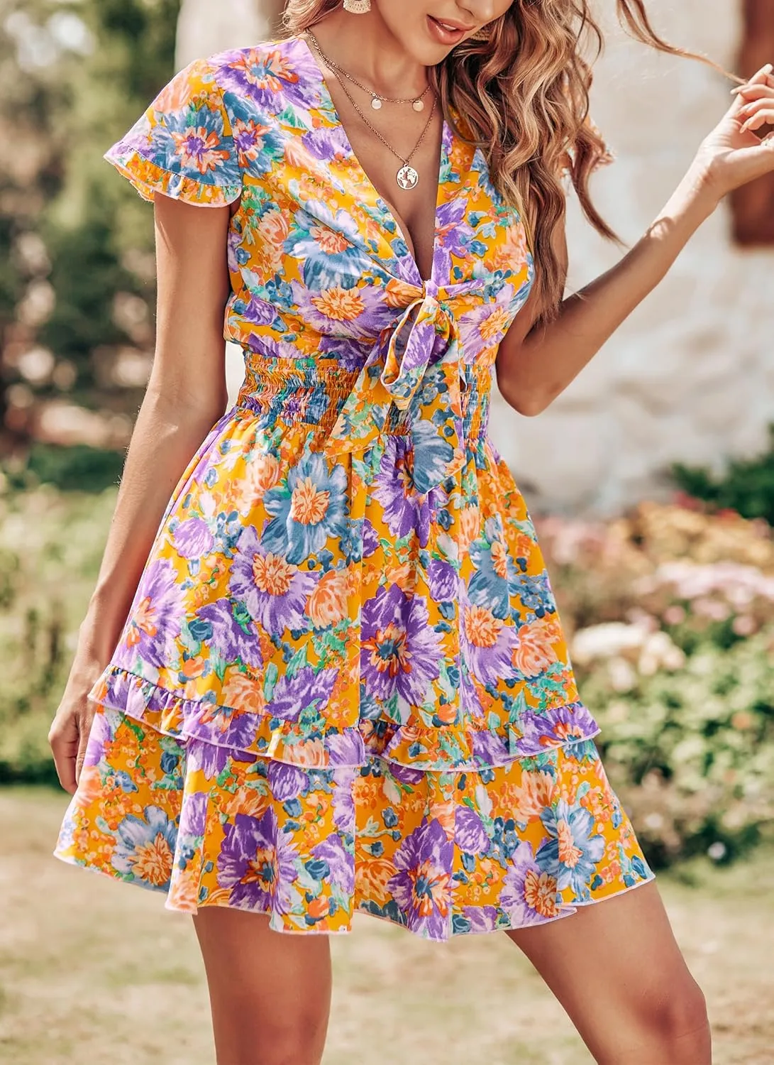 PRETTYGARDEN Women Summer Mini Short Dress 2025 Short Sleeve Casual Beach Vacation Sundress V Neck Tiered Sun Dresses