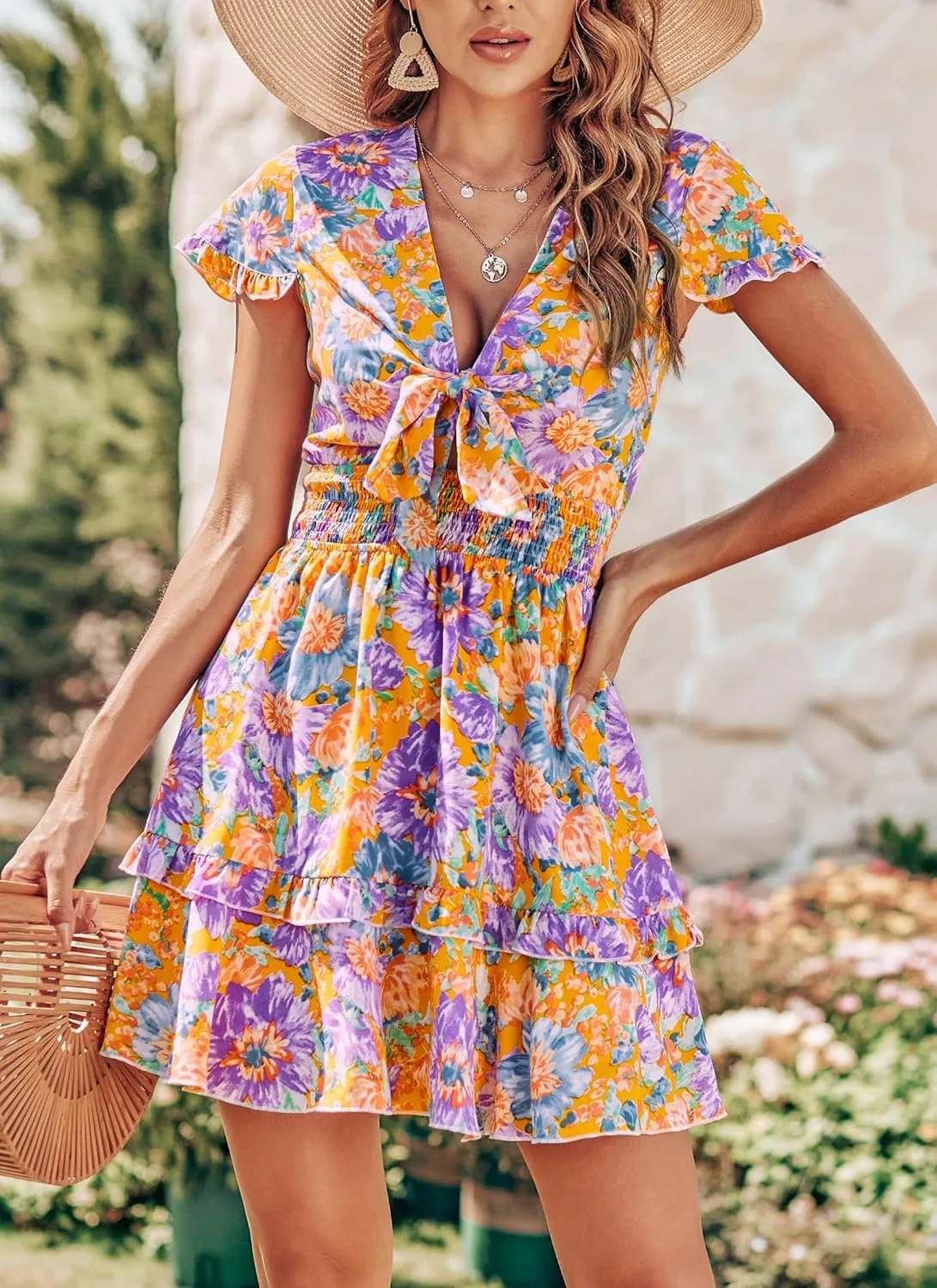 PRETTYGARDEN Women Summer Mini Short Dress 2025 Short Sleeve Casual Beach Vacation Sundress V Neck Tiered Sun Dresses