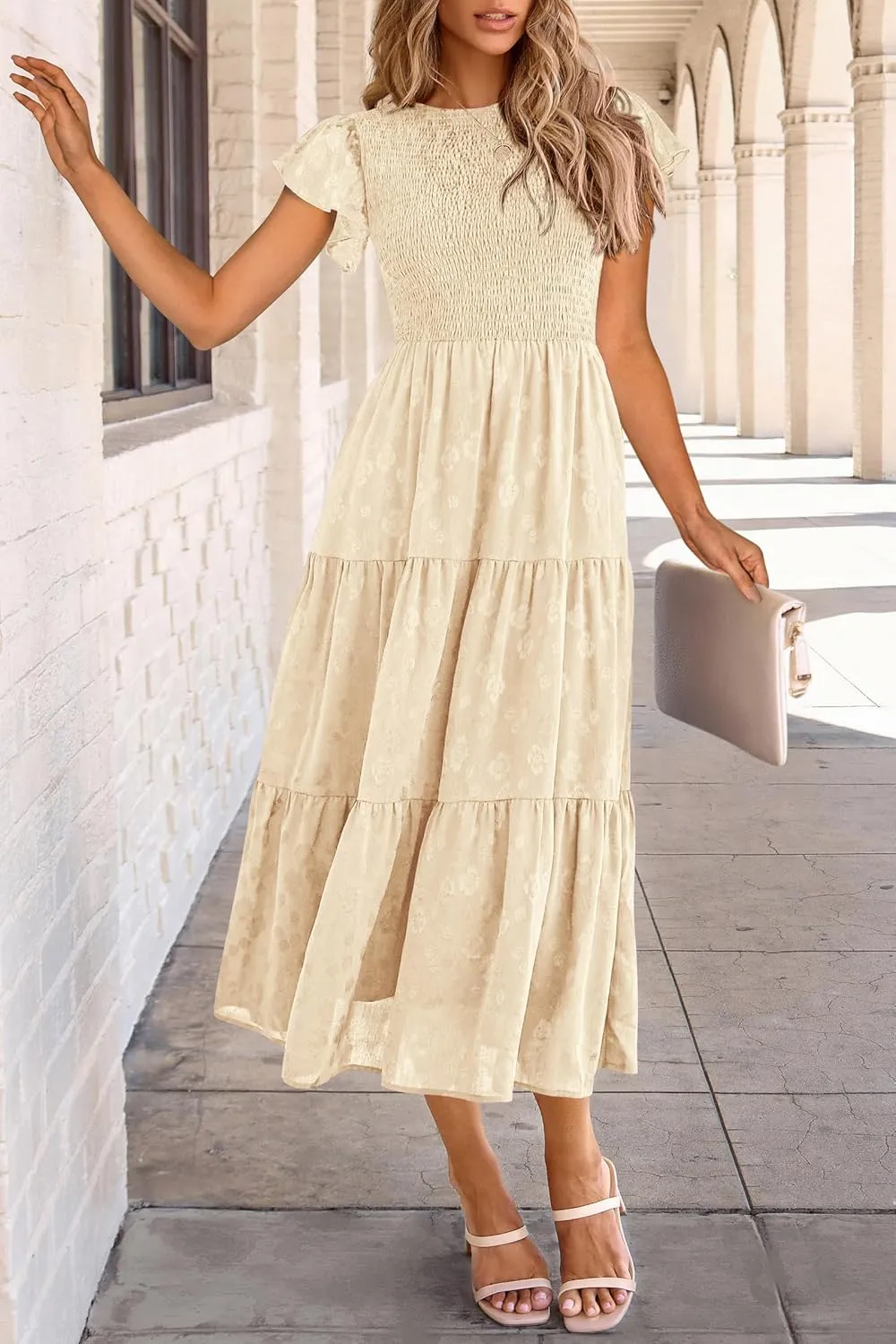 PRETTYGARDEN Women's Floral Midi Dress 2025 Summer Cap Sleeve Smocked Ruffle A Line Long Flowy Wedding Guest Dresses