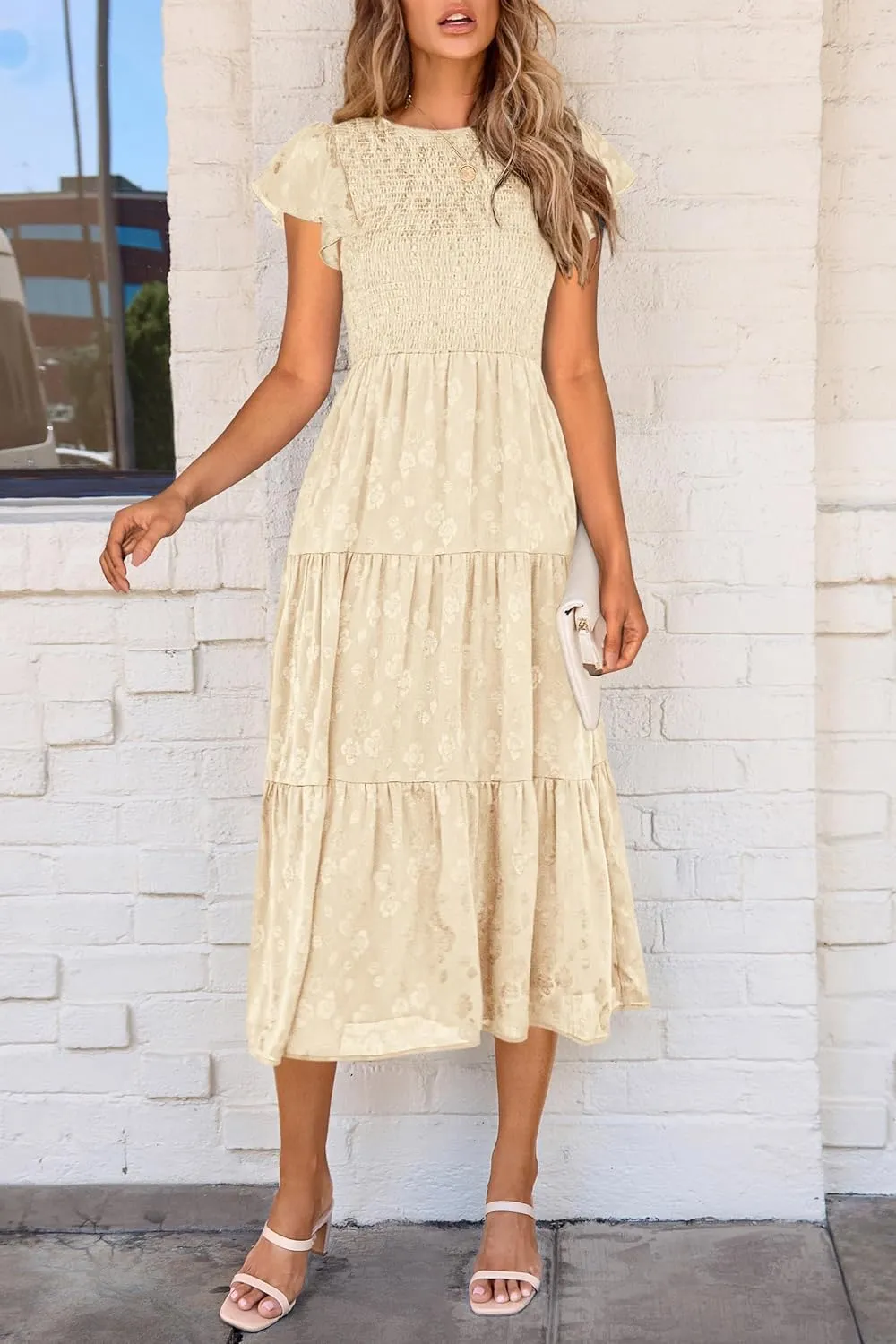 PRETTYGARDEN Women's Floral Midi Dress 2025 Summer Cap Sleeve Smocked Ruffle A Line Long Flowy Wedding Guest Dresses