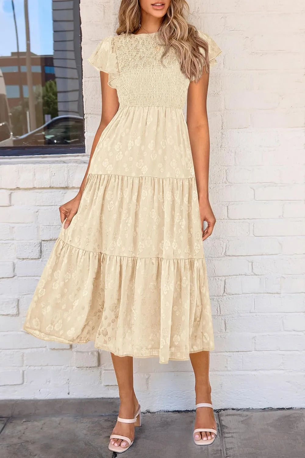 PRETTYGARDEN Women's Floral Midi Dress 2025 Summer Cap Sleeve Smocked Ruffle A Line Long Flowy Wedding Guest Dresses