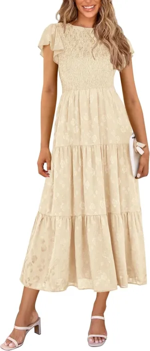 PRETTYGARDEN Women's Floral Midi Dress 2025 Summer Cap Sleeve Smocked Ruffle A Line Long Flowy Wedding Guest Dresses
