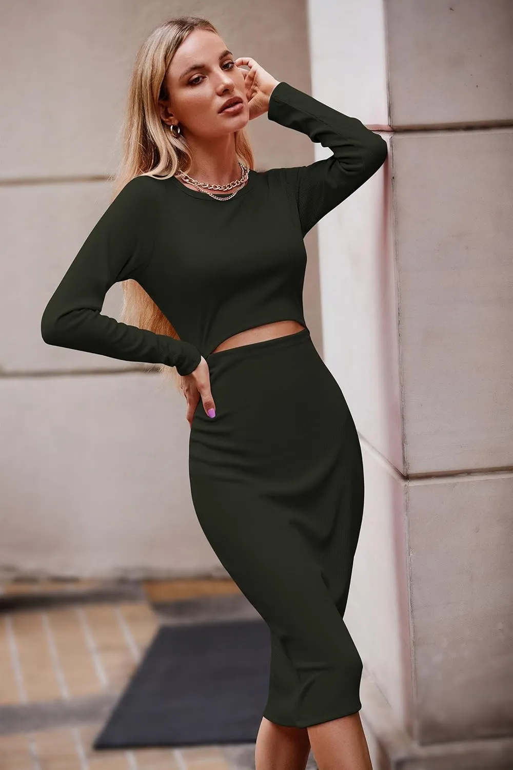 PRETTYGARDEN Women's Long Sleeve Midi Bodycon Dresses Casual Crewneck Cut Out Ribbed Knit Fitted Pencil Dress